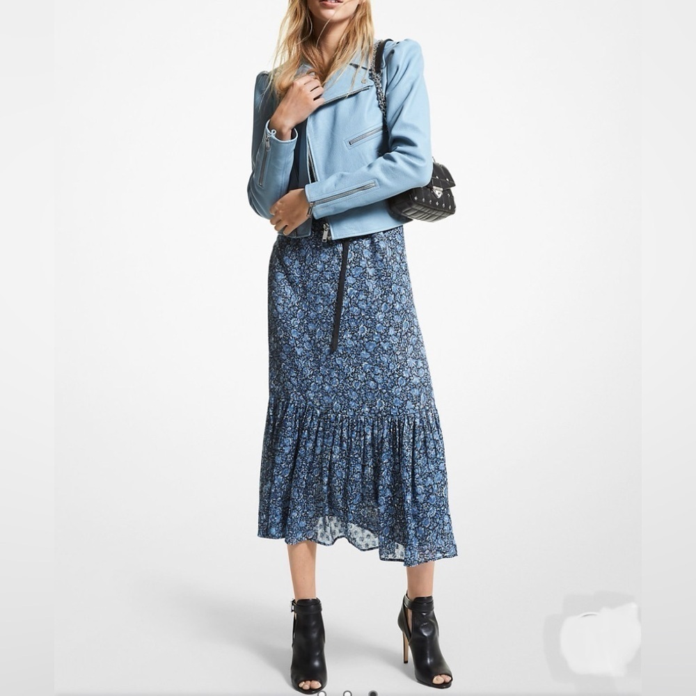 MICHAEL KORS Bohemian floral RUFFLES Midi DRESS XSMALL blue Strappy NEW
